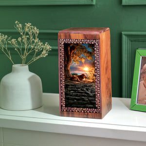 Dog Sunset Memorial Urn For Ashes - Rosewood Ashes Box Urn For Funeral
