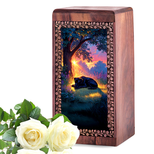 Black Dog Urn For Funeral - Handmade Wooden Cremation Box For Pets