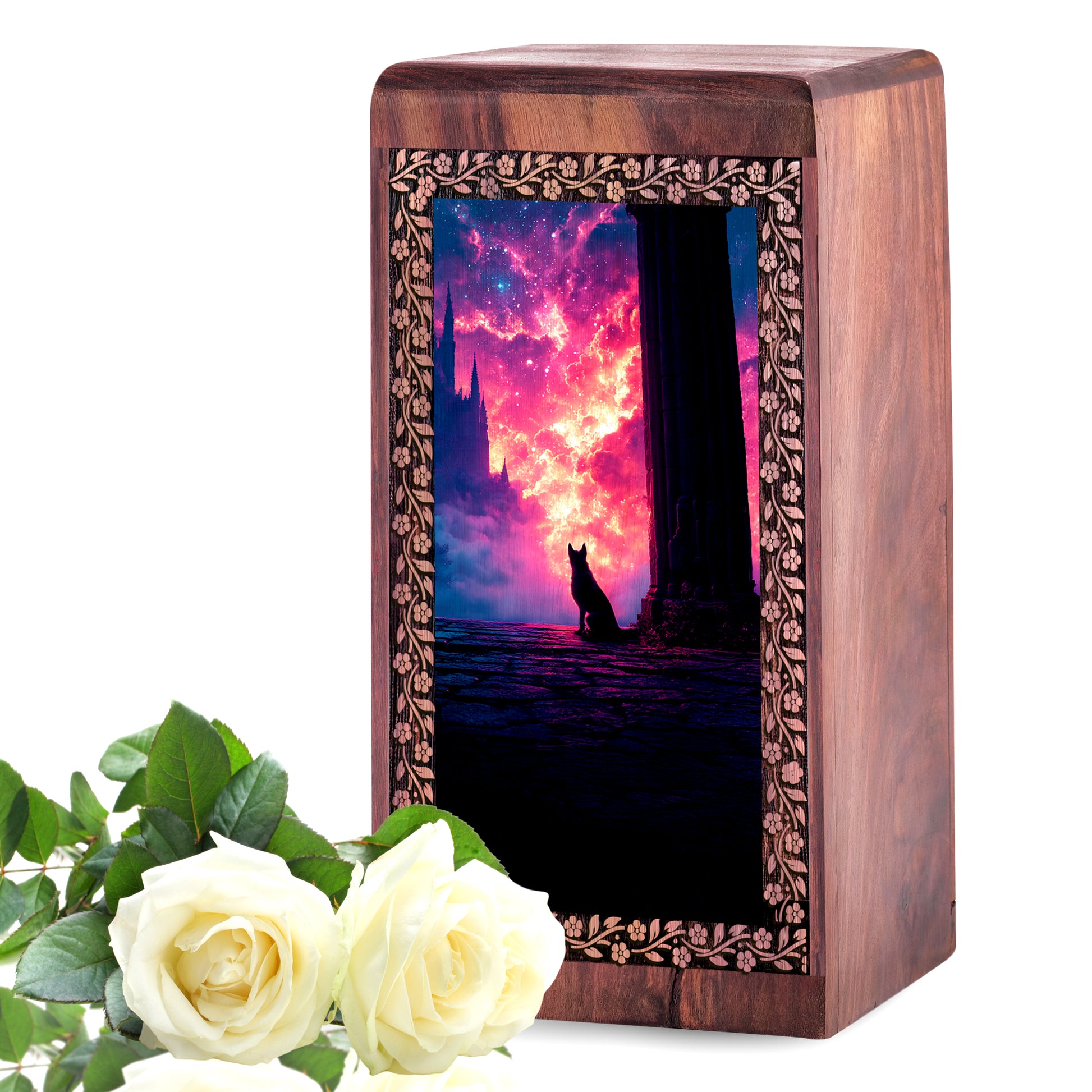 Wooden Memorial Urn For Pet Dog's Ashes - Castle Themed Urn For Funeral