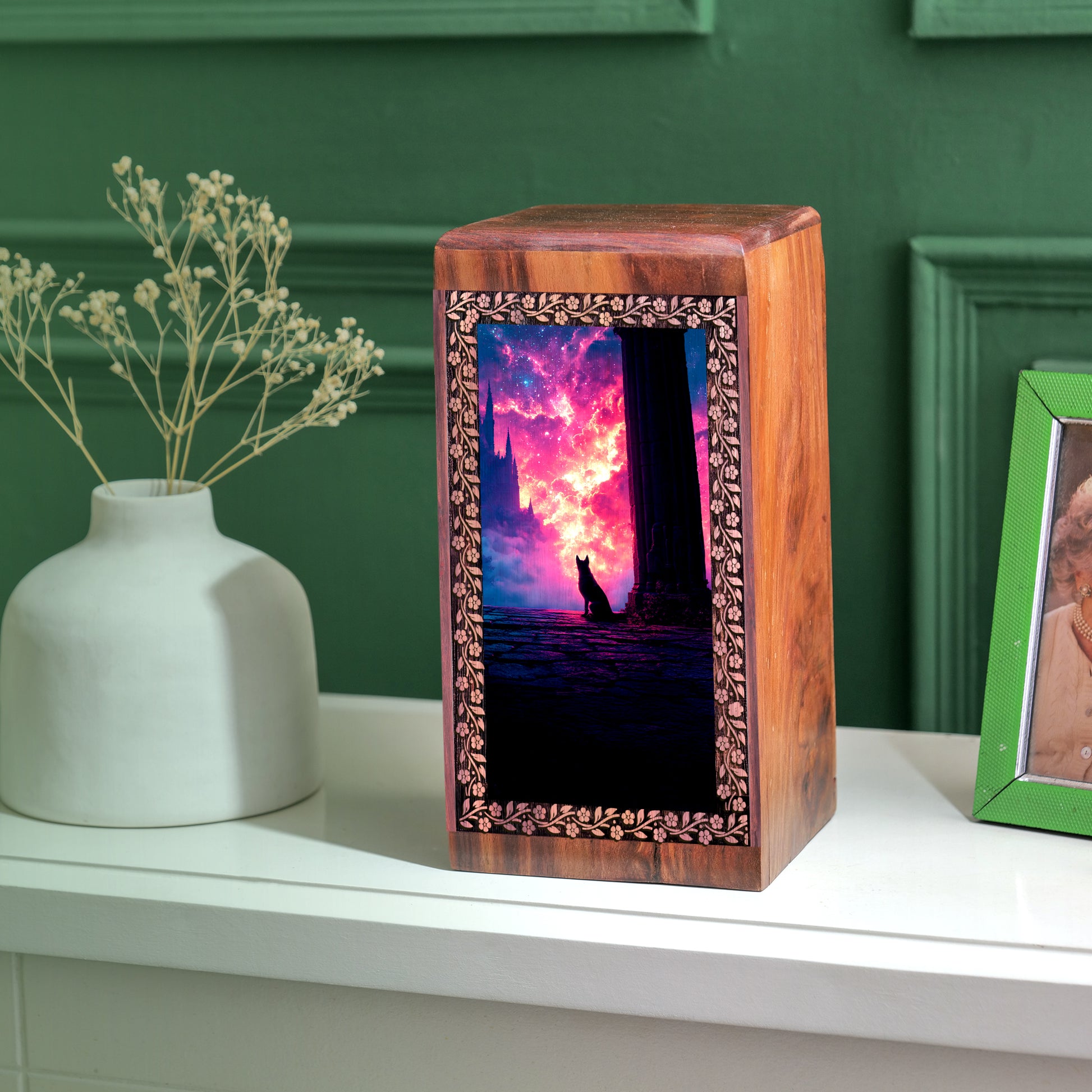 Wooden Memorial Urn For Pet Dog's Ashes - Castle Themed Urn For Funeral