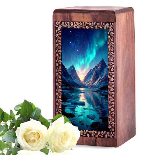 Nothern Lights Memorial Urn for Men & Women - Printed Wooden Urn For Funeral