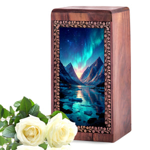 Nothern Lights Memorial Urn for Men & Women - Printed Wooden Urn For Funeral