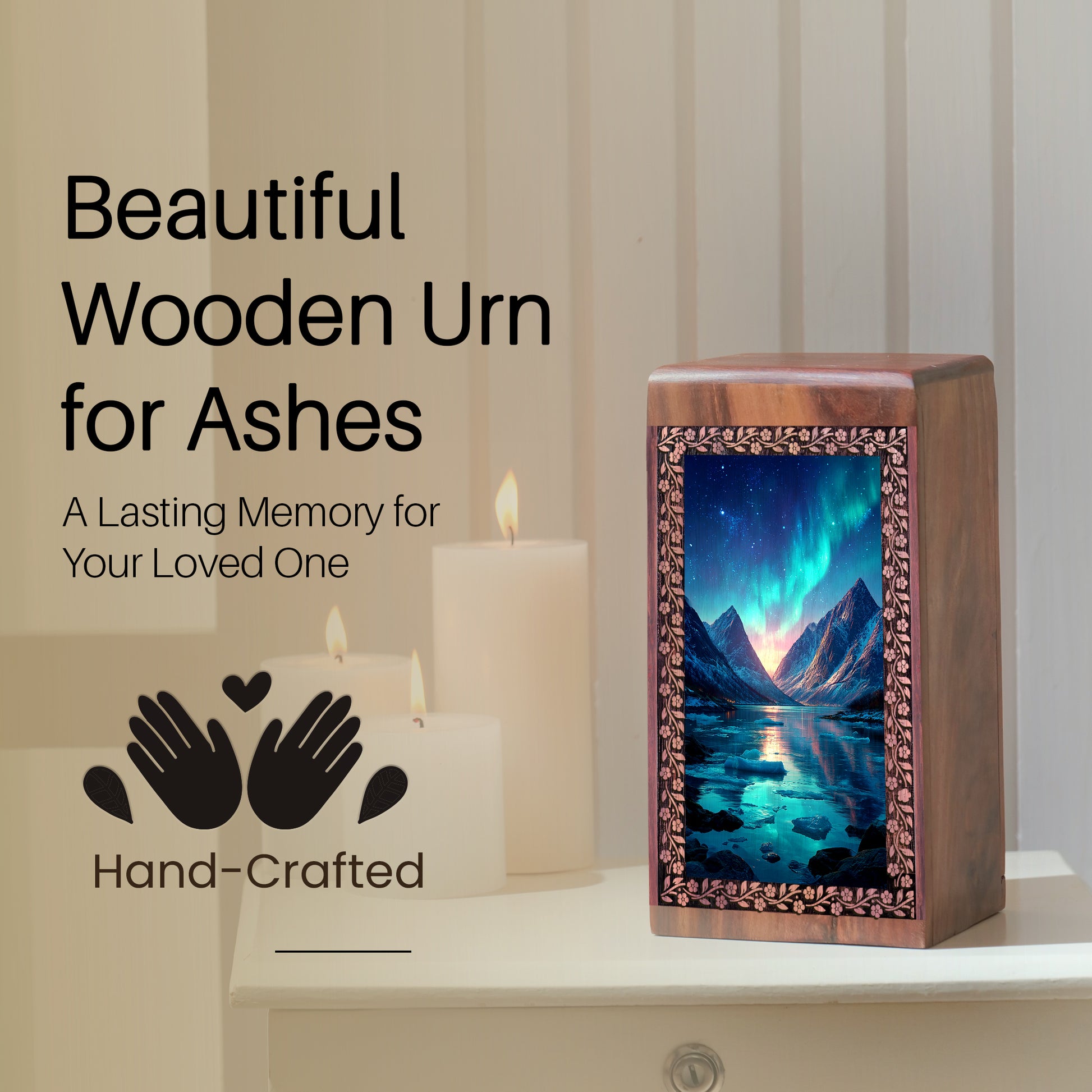 Nothern Lights Memorial Urn for Men & Women - Printed Wooden Urn For Funeral