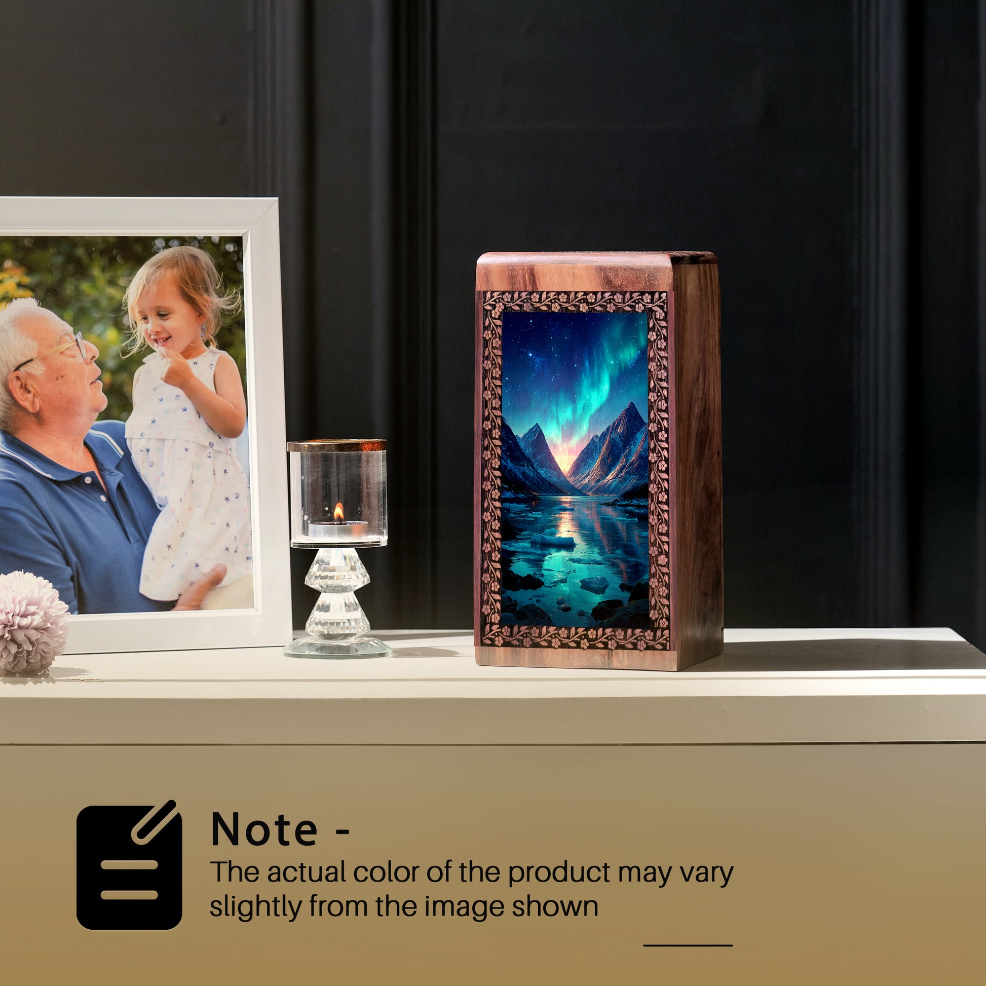 Nothern Lights Memorial Urn for Men & Women - Printed Wooden Urn For Funeral