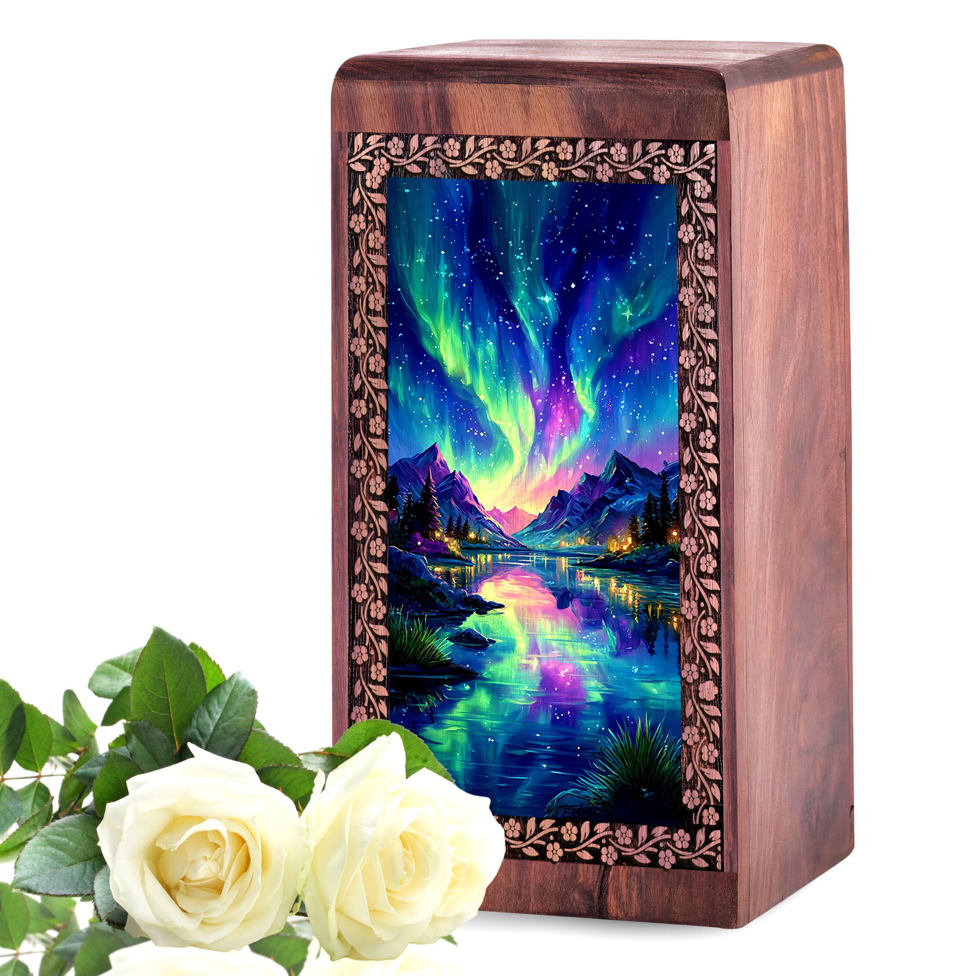 Mountain Northern Lights Scenicn Urn - Personalized Wooden Urns For Ashes