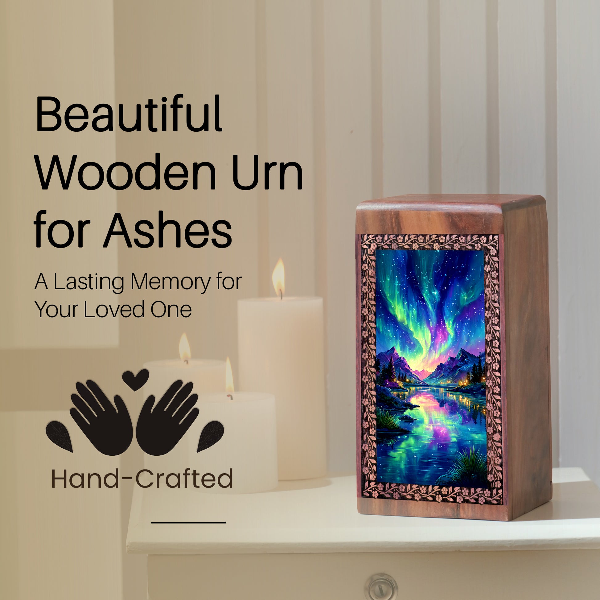 Mountain Northern Lights Scenicn Urn - Personalized Wooden Urns For Ashes