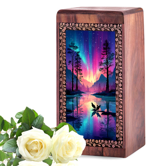Aurora Borealis Lake Memorial Urn – Northern Lights Wooden Urn For Men & Women