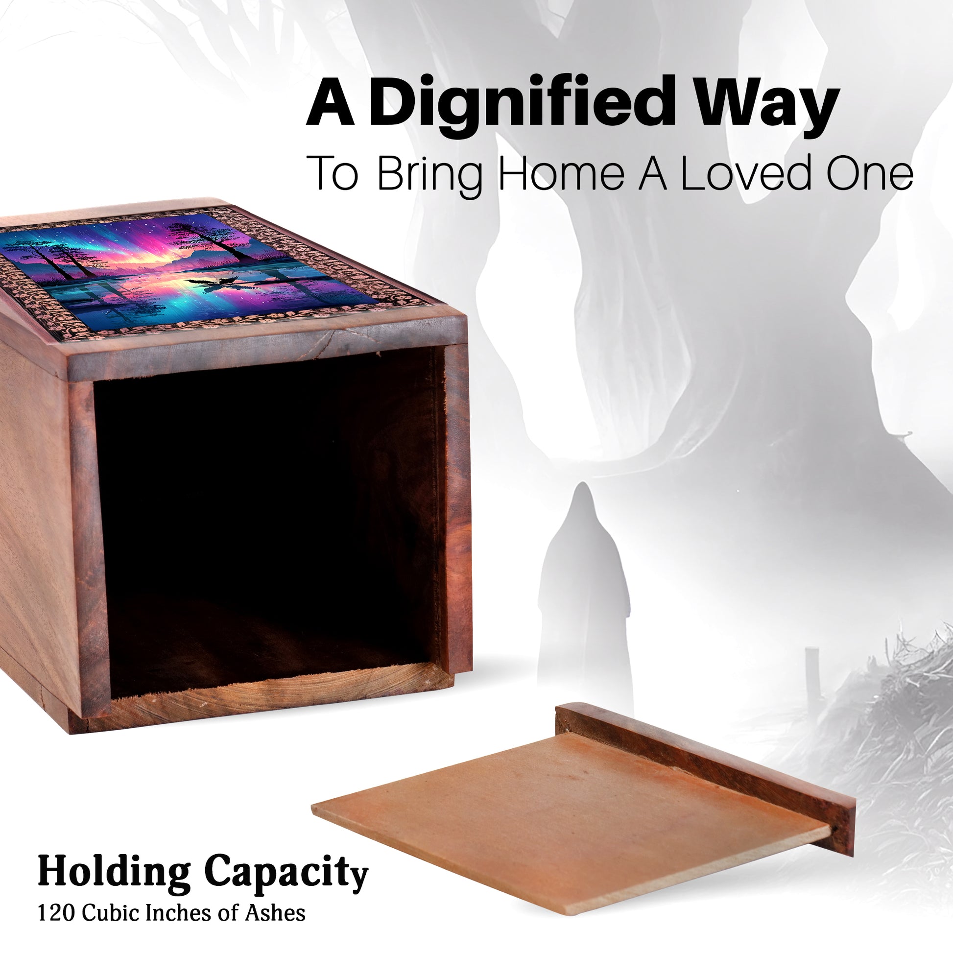 Aurora Borealis Lake Memorial Urn – Northern Lights Wooden Urn For Men & Women
