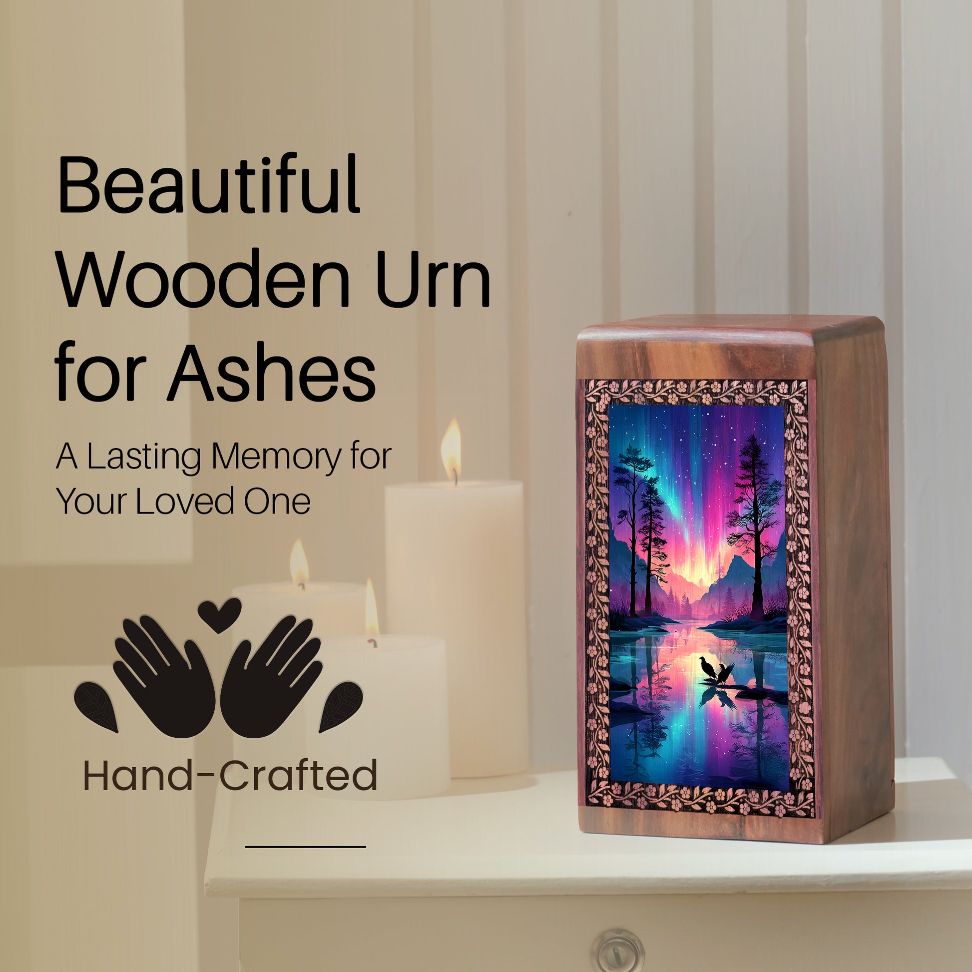 Aurora Borealis Lake Memorial Urn – Northern Lights Wooden Urn For Men & Women