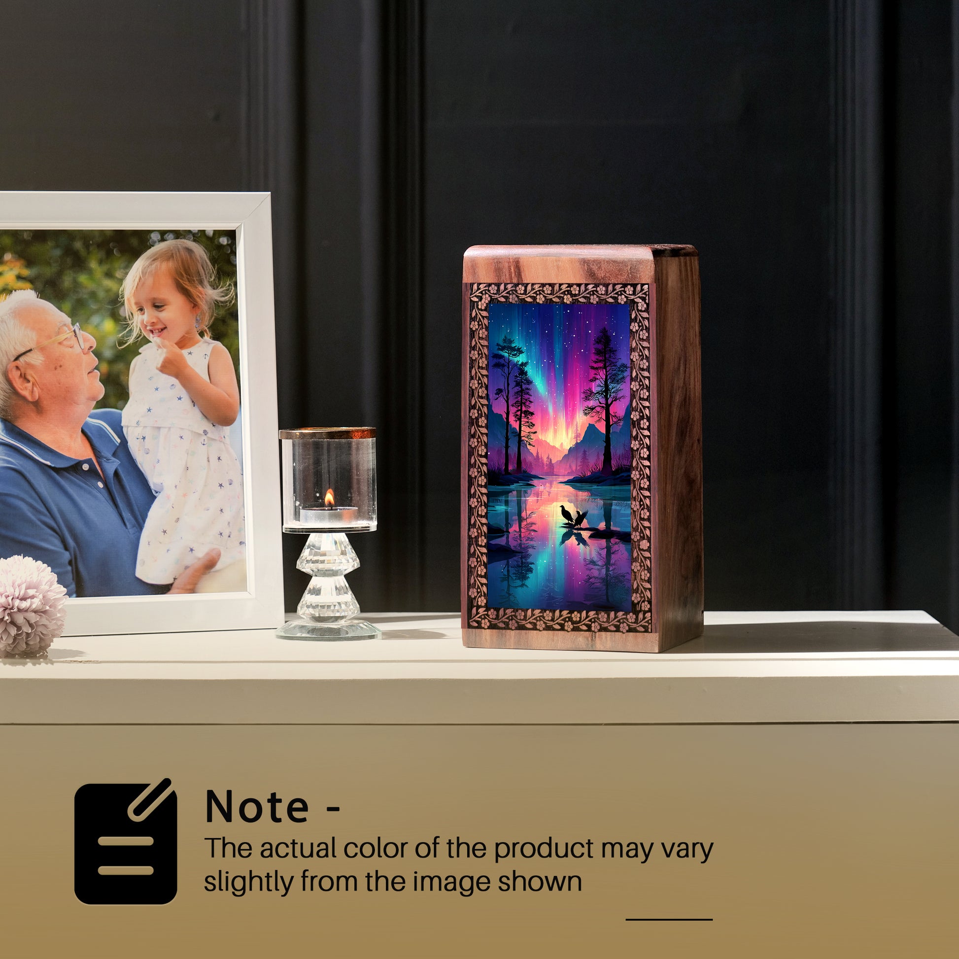 Aurora Borealis Lake Memorial Urn – Northern Lights Wooden Urn For Men & Women