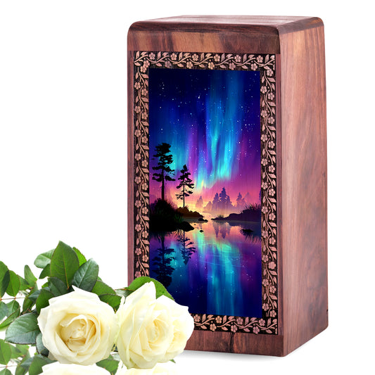 Northern Lights Lake Cremation Urn - Wooden Funeral Urn For Adults
