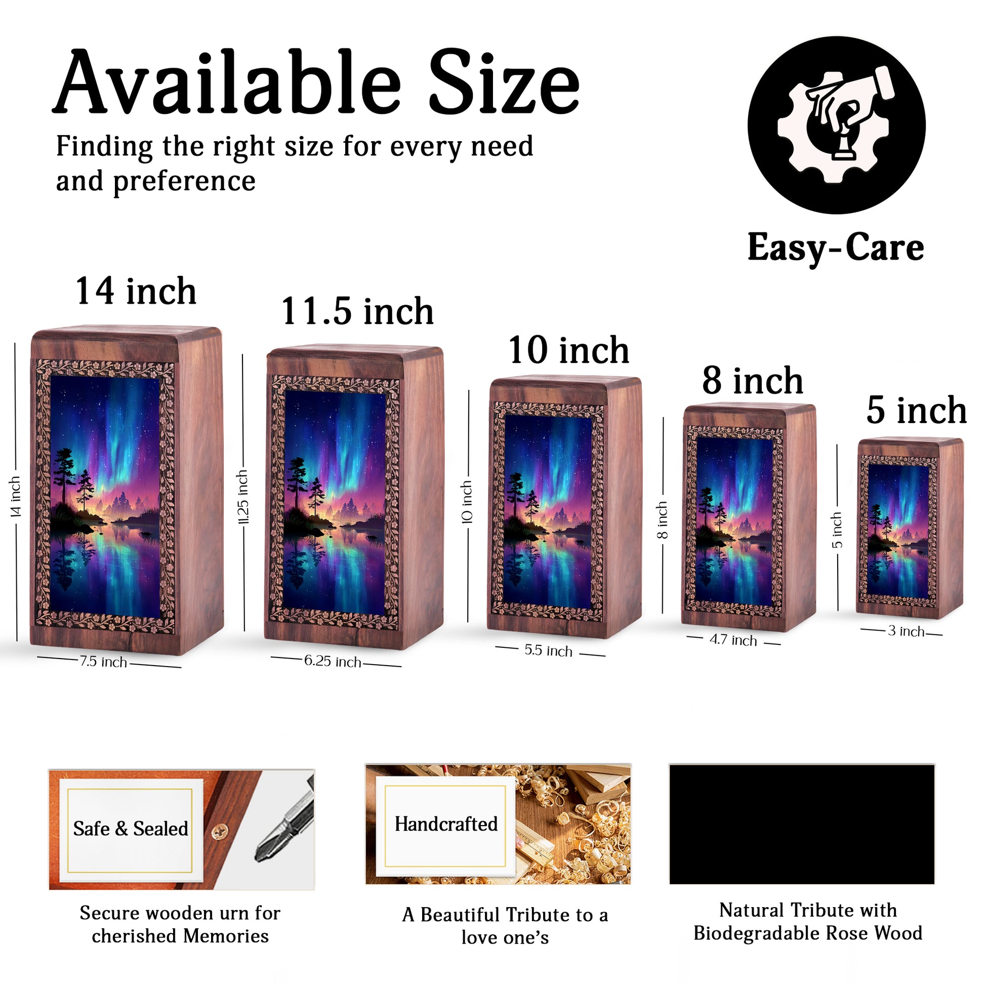Northern Lights Lake Cremation Urn - Wooden Funeral Urn For Adults
