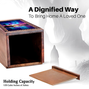 Northern Lights Lake Cremation Urn - Wooden Funeral Urn For Adults