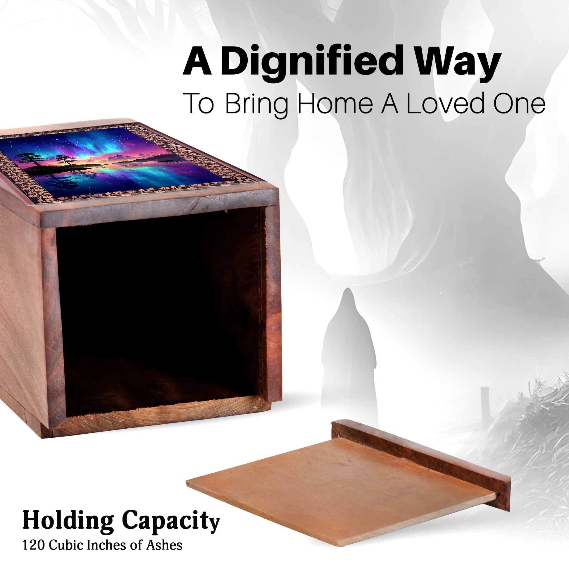 Northern Lights Lake Cremation Urn - Wooden Funeral Urn For Adults