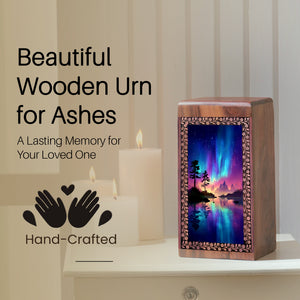 Northern Lights Lake Cremation Urn - Wooden Funeral Urn For Adults