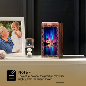 Northern Lights Lake Cremation Urn - Wooden Funeral Urn For Adults