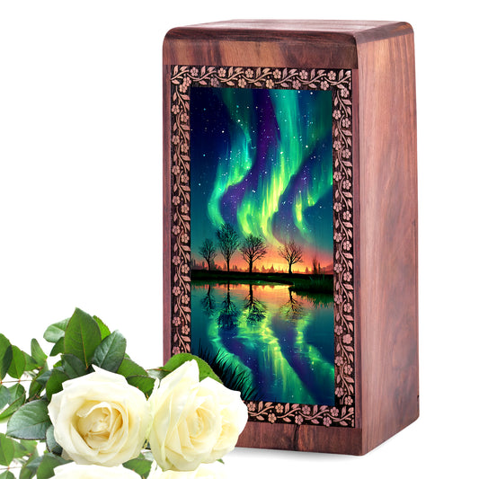 Green Northern Lights Lake Cremation Urn - Wooden Funeral Urn