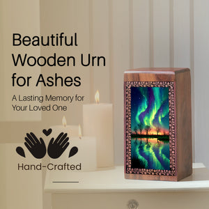 Green Northern Lights Lake Cremation Urn - Wooden Funeral Urn