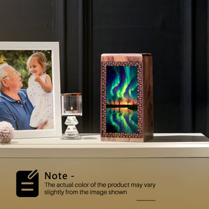 Green Northern Lights Lake Cremation Urn - Wooden Funeral Urn