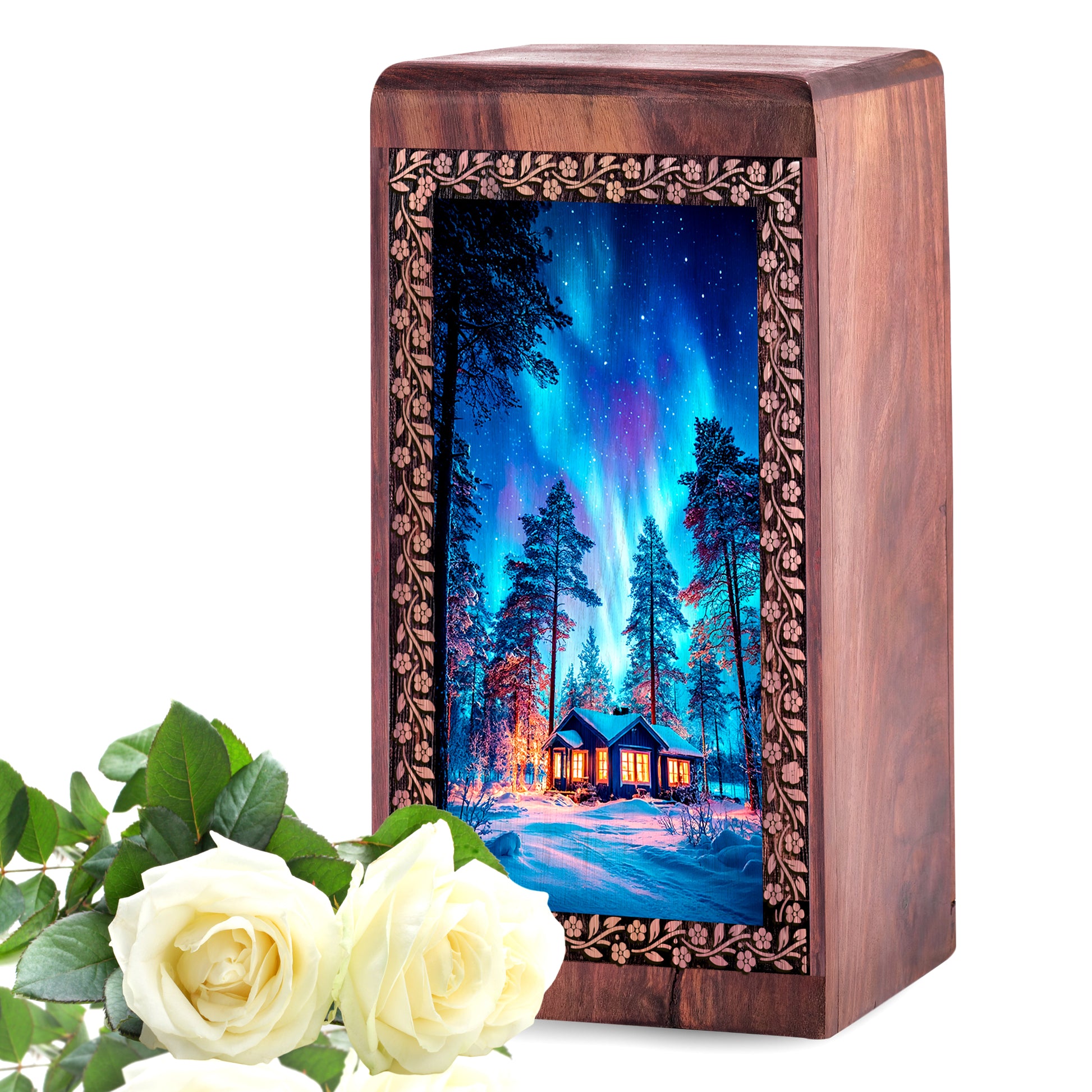 Blue Northern Lights Cremation Urn For Adults â€“ Wooden Ashes Urn