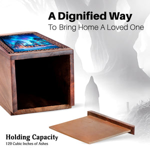 Blue Northern Lights Cremation Urn For Adults â€“ Wooden Ashes Urn