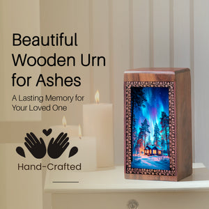 Blue Northern Lights Cremation Urn For Adults â€“ Wooden Ashes Urn