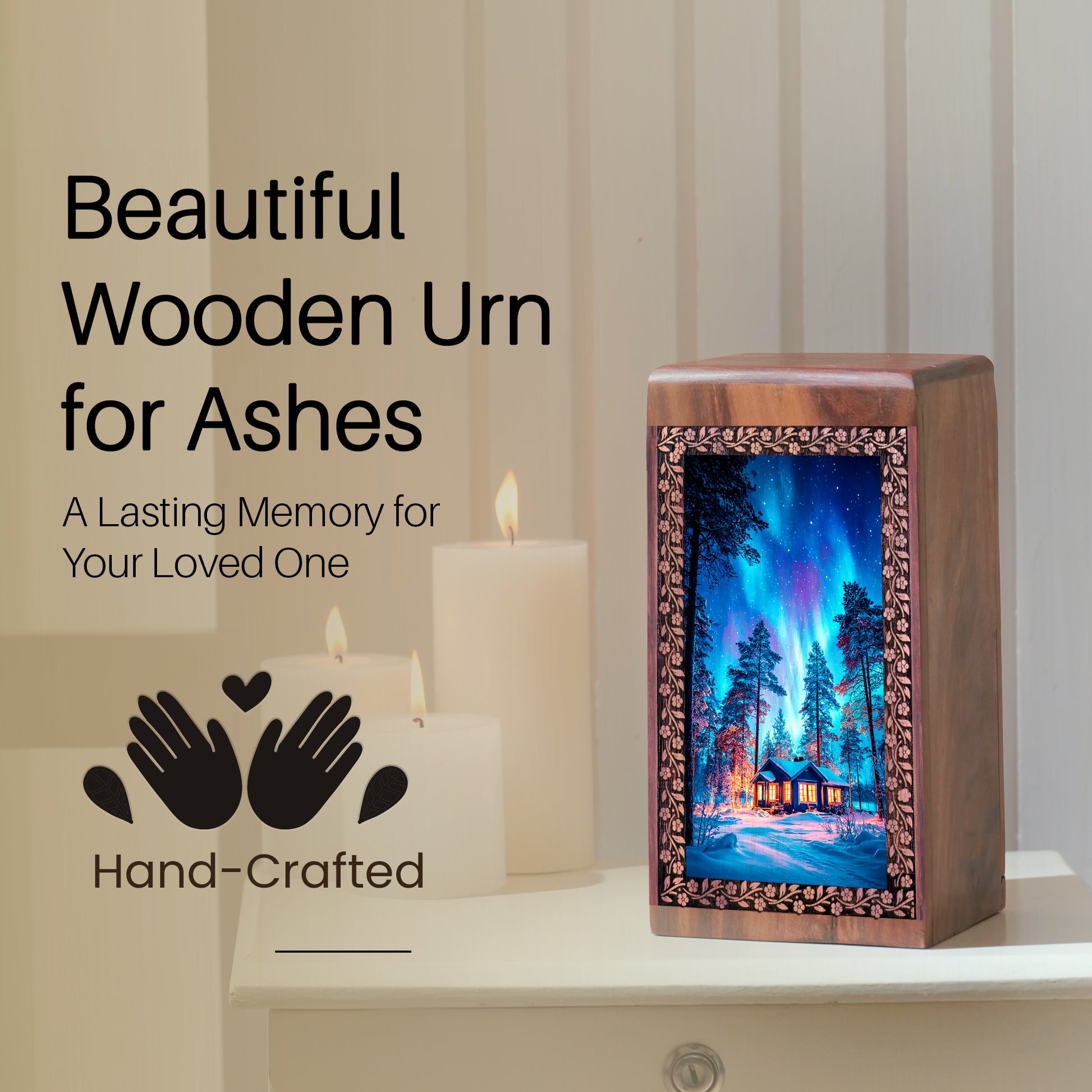 Blue Northern Lights Cremation Urn For Adults â€“ Wooden Ashes Urn