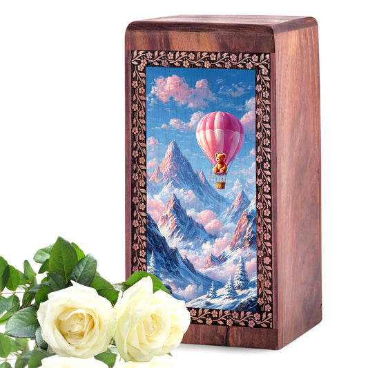 Teddy Bear in Air Balloon Scenic Urn - Handcrafted Wooden Urns For Ashes