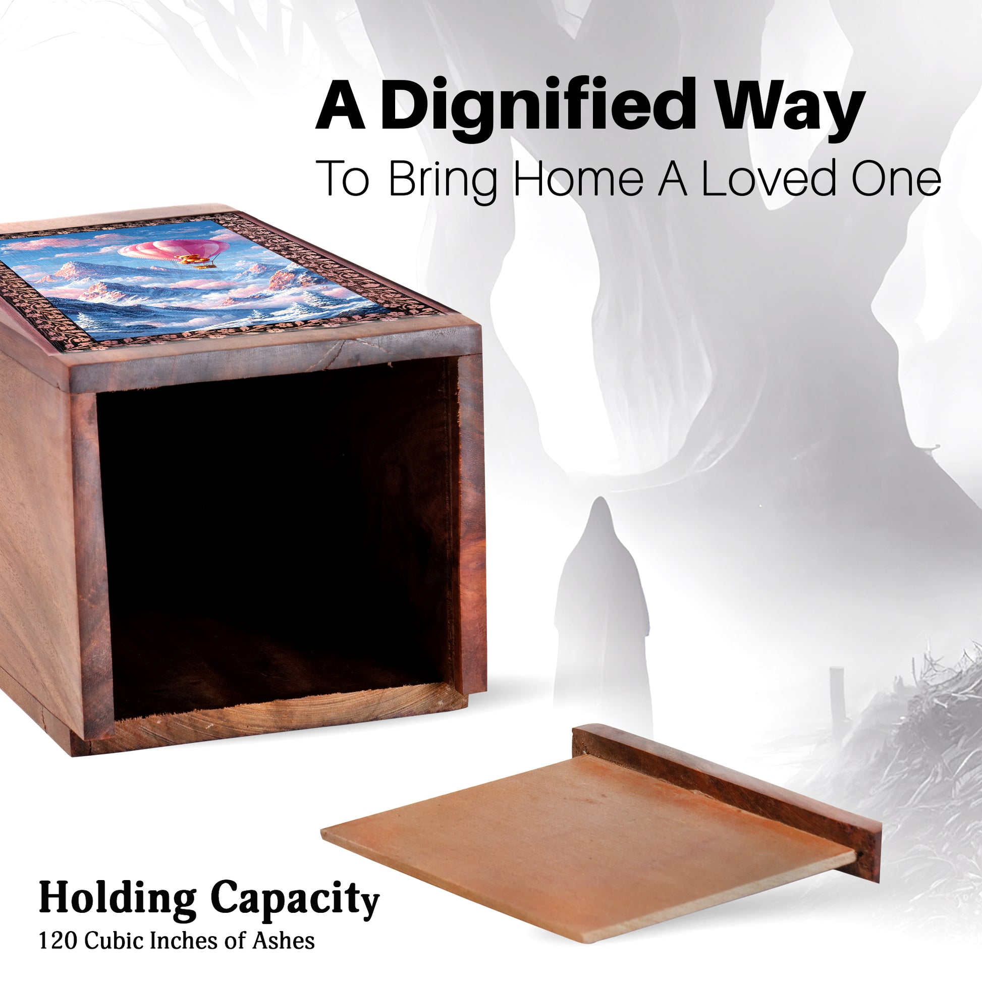 Teddy Bear in Air Balloon Scenic Urn - Handcrafted Wooden Urns For Ashes