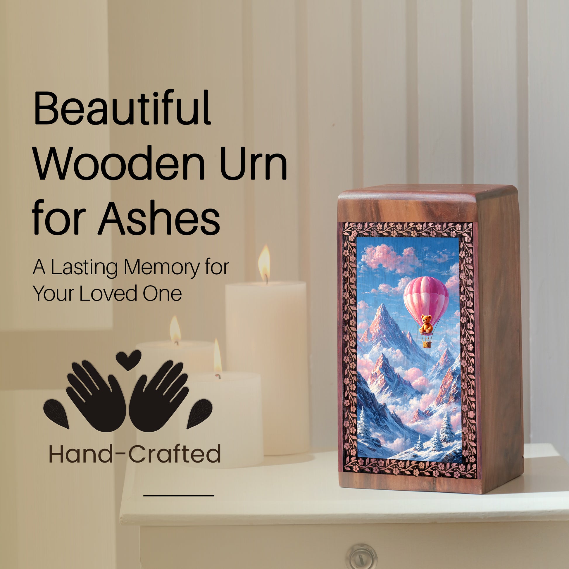 Teddy Bear in Air Balloon Scenic Urn - Handcrafted Wooden Urns For Ashes