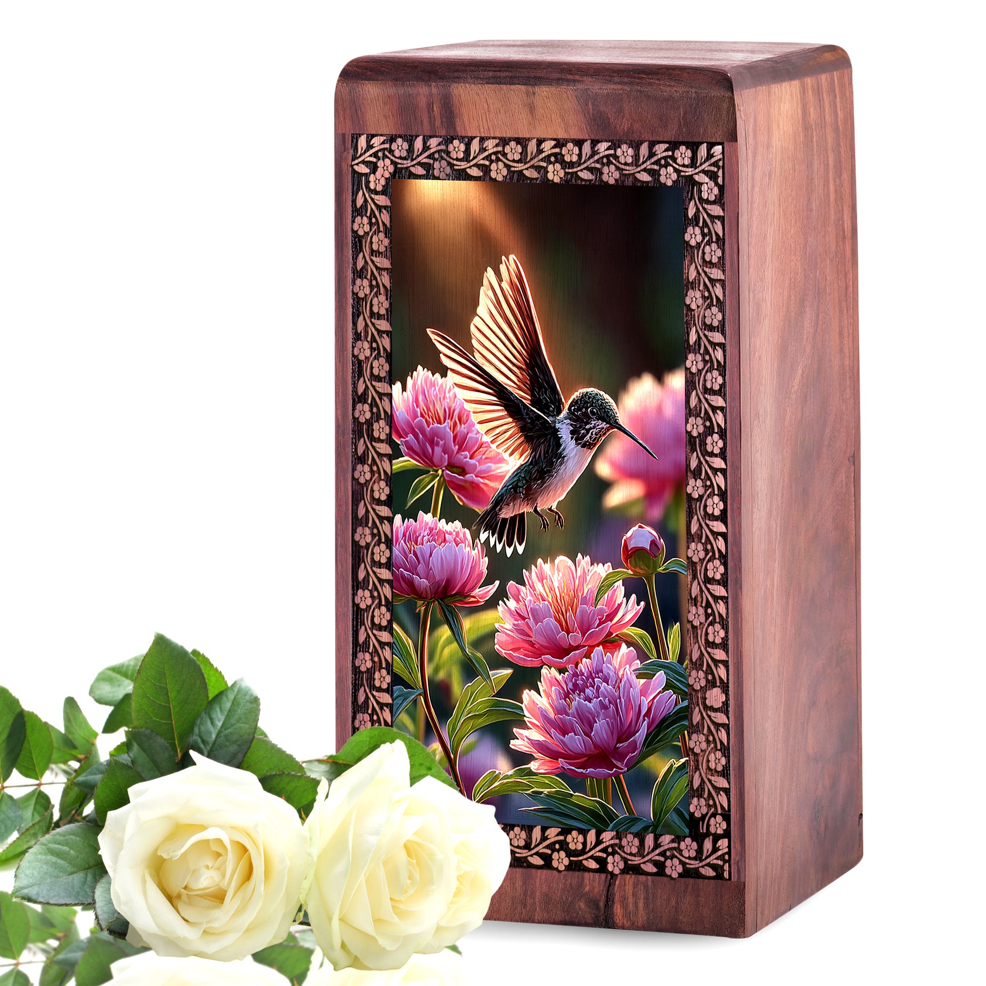 Humming Bird On Flowers Urns - Beautiful Wooden Urns For Woman Ashes