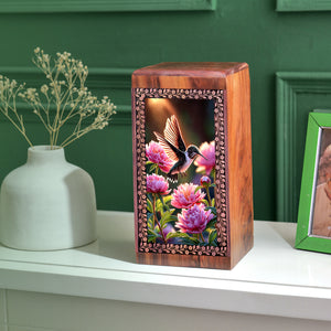 Humming Bird On Flowers Urns - Beautiful Wooden Urns For Woman Ashes