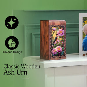 Humming Bird Wooden Urns For Human Ashes - Beautiful Flower Cremation Urn