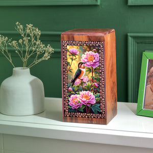 Humming Bird Wooden Urns For Human Ashes - Beautiful Flower Cremation Urn