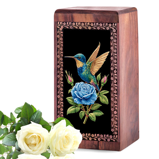 Humming Bird Memorial Ashes Urn - Blue Rose Funeral Ashes Box For Adults