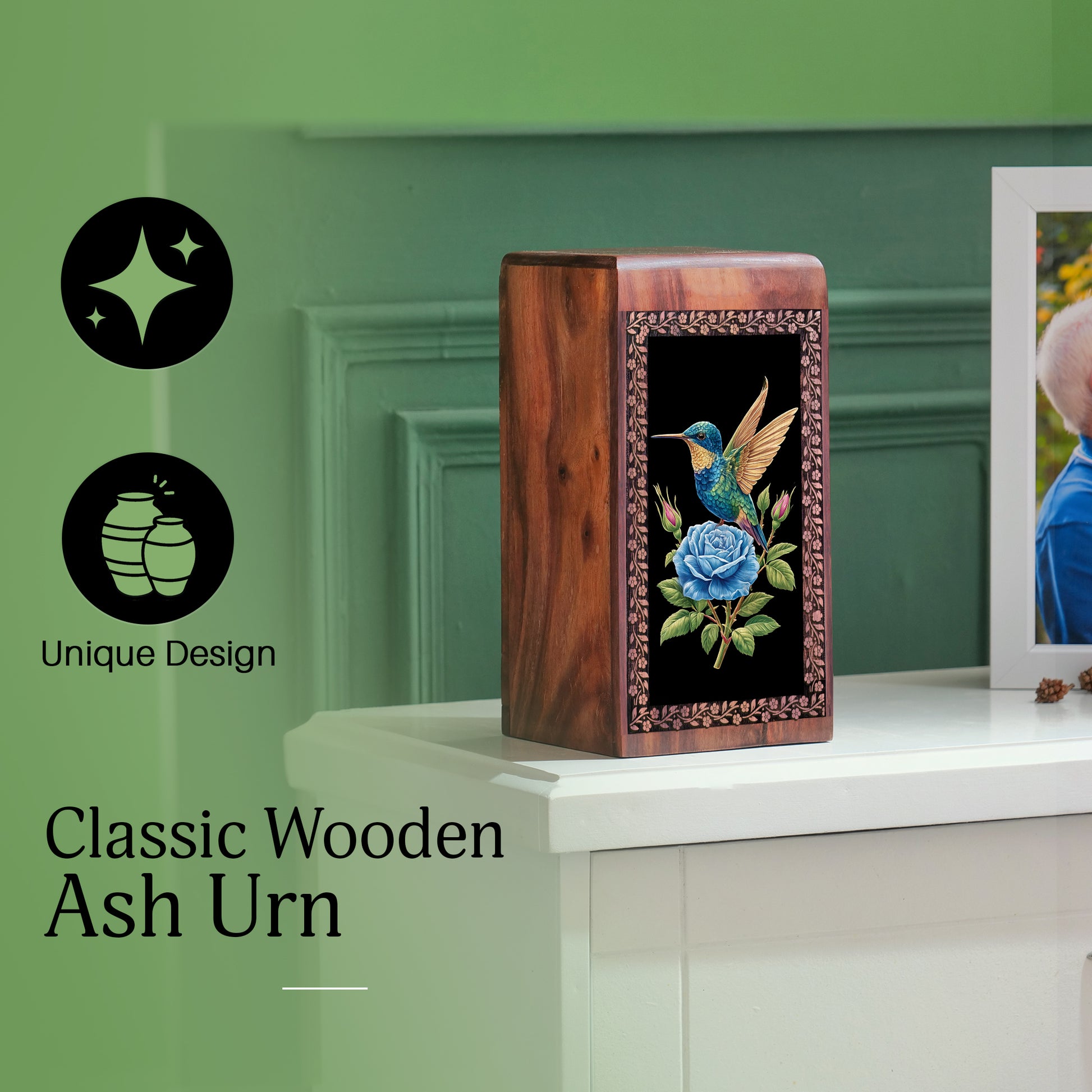 Humming Bird Memorial Ashes Urn - Blue Rose Funeral Ashes Box For Adults