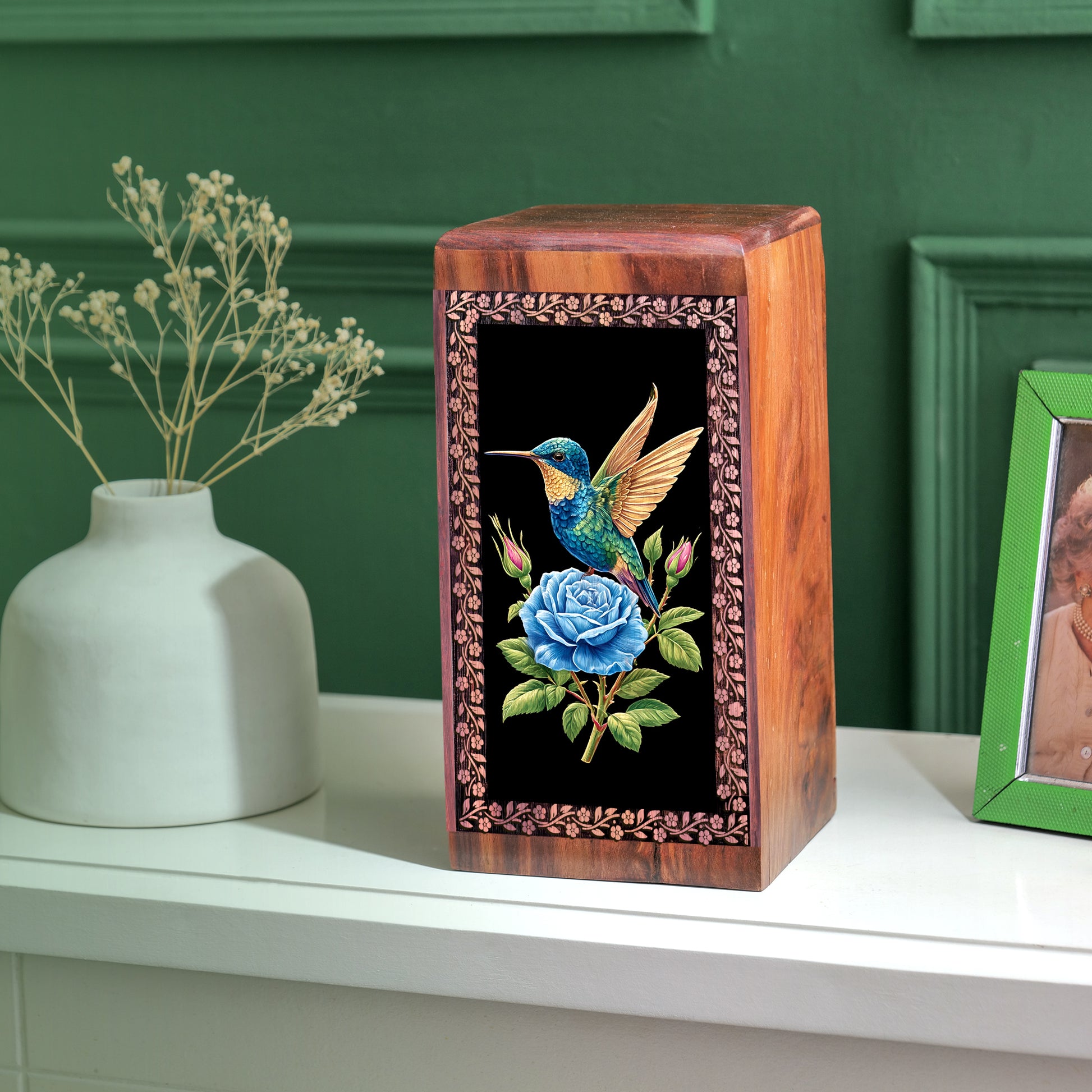 Humming Bird Memorial Ashes Urn - Blue Rose Funeral Ashes Box For Adults